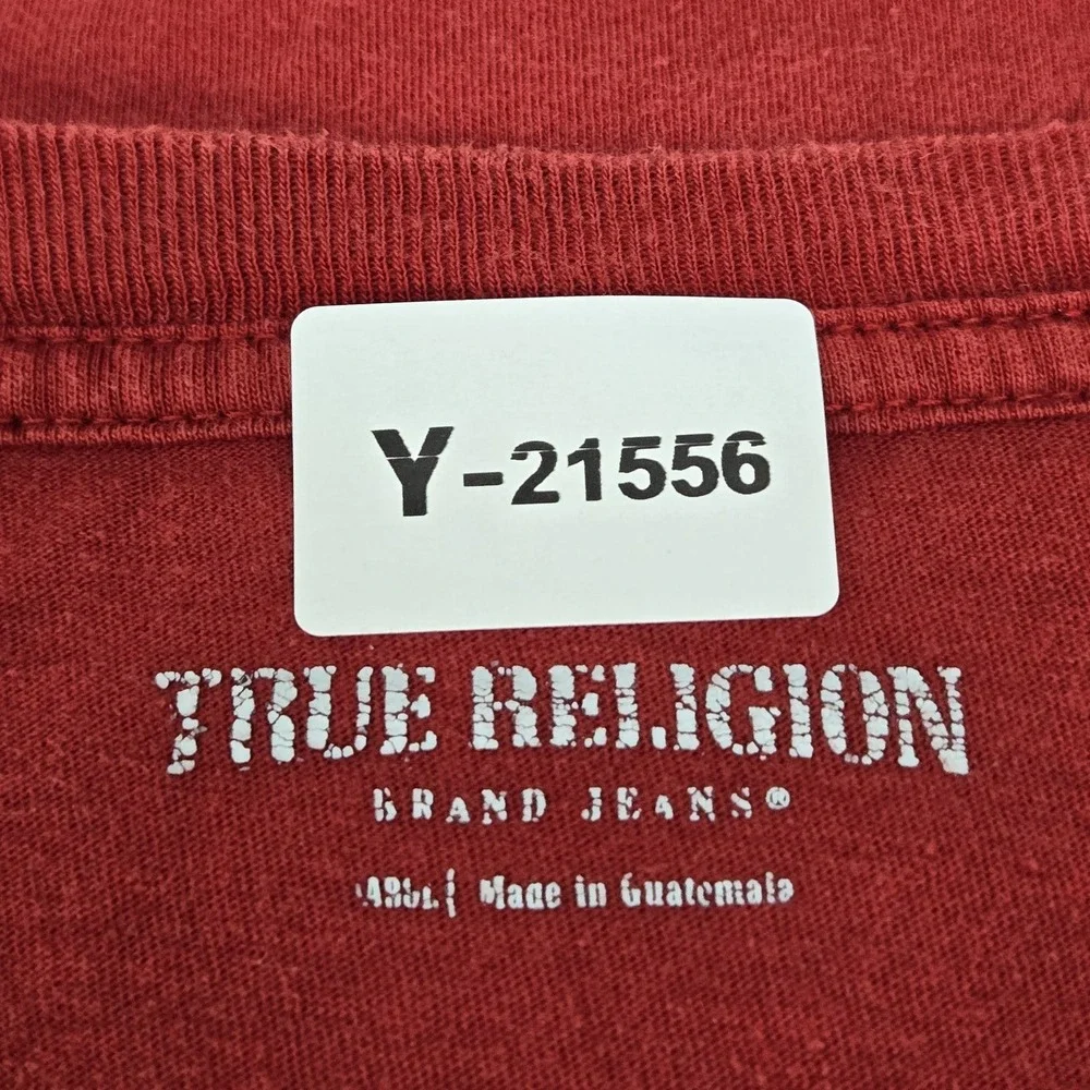 True‎ Religion Men Shirt L Red Guitar Buddha Logo Graphic Print Short Sleeve